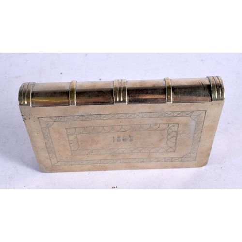 1642 - AN ANTIQUE WHITE METAL BOOK SNUFF BOX. 187 grams. 7.5 cm x 2 cm.