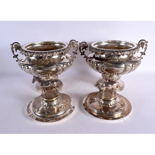 1652 - A FINE AND RARE PAIR OF VICTORIAN SILVER AGRICULTURAL FARMING TROPHIES presented to the late John Ha... 