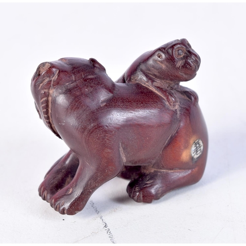 1712 - A JAPANESE CARVED WOOD DOG NETSUKE. 3.5 cm x 2.5 cm.