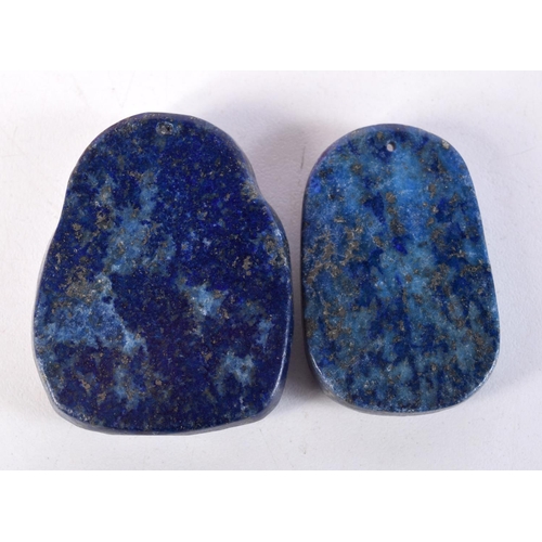 1753 - TWO CHINESE CARVED LAPIS LAZULI TYPE PENDANTS. 65.6 grams. 5 cm x 4 cm. (2)