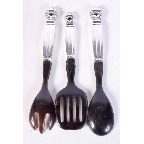 1807 - THREE DANISH GEORG JENSEN SILVER MOUNTED HORN CUTLERY. 84 grams overall. 18 cm x 3 cm. (3)