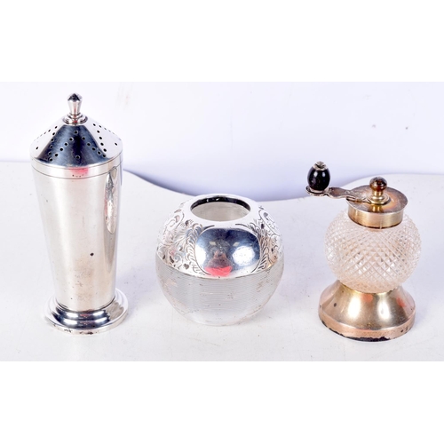 1848 - AN ART DECO SILVER SUGAR SIFTER together with a silver and cut glass pepperette & a silver mounted m... 