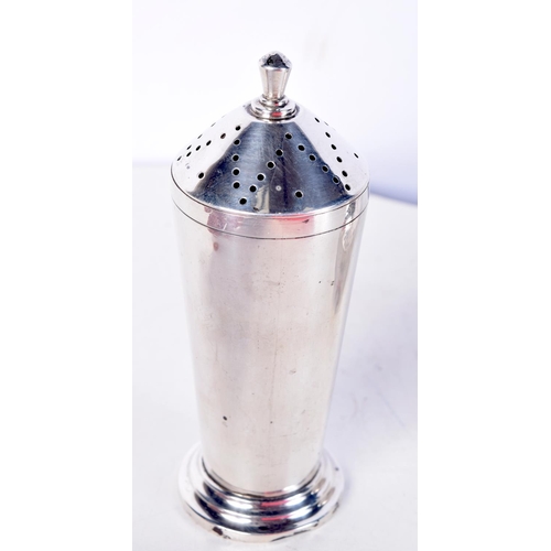 1848 - AN ART DECO SILVER SUGAR SIFTER together with a silver and cut glass pepperette & a silver mounted m... 