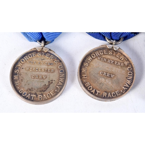 1856 - A PAIR OF HMS WORCESTER & CONWAY SILVER BOAT RACE MEDALS together with a silver and enamel medallion... 