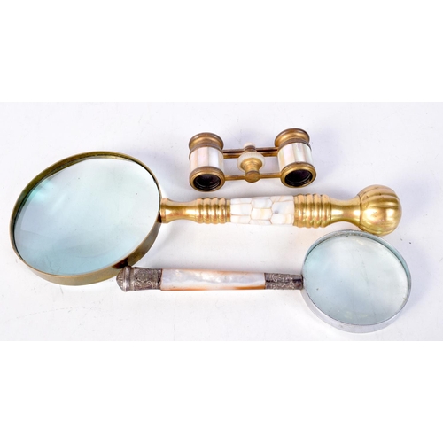 1861 - A PAIR OF ANTIQUE MOTHER OF PEARL OPERA GLASSES together with two similar magnifying glasses. Larges... 