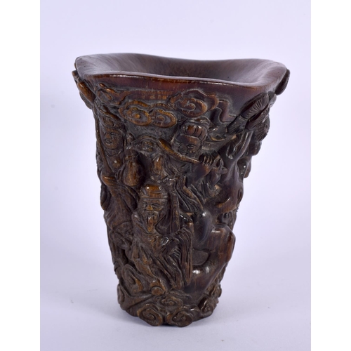 2005 - A CHINESE CARVED BUFFALO HORN TYPE LIBATION CUP 20th Century. 854 grams. 14 cm x 14 cm.