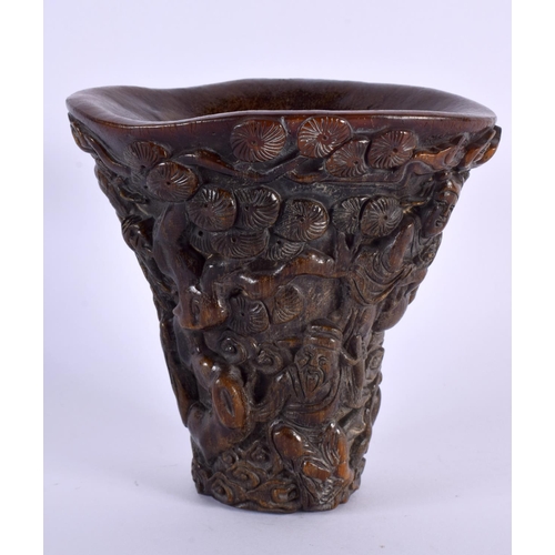 2005 - A CHINESE CARVED BUFFALO HORN TYPE LIBATION CUP 20th Century. 854 grams. 14 cm x 14 cm.