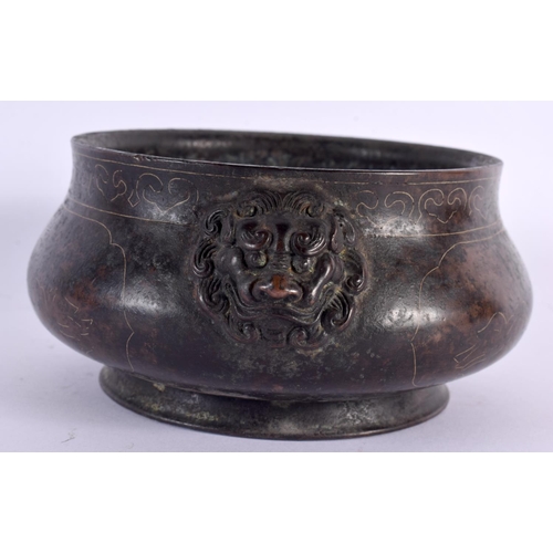 2013 - A CHINESE TWIN HANDLED BRONZE CENSER 20th Century, silver inlaid with landscapes. 17 cm wide, intern... 