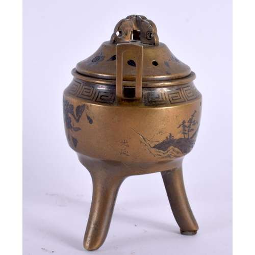 2015 - A 19TH CENTURY JAPANESE MEIJI PERIOD TWIN HANDLED BRONZE CENSER decorated with landscapes. 10 cm x 7... 