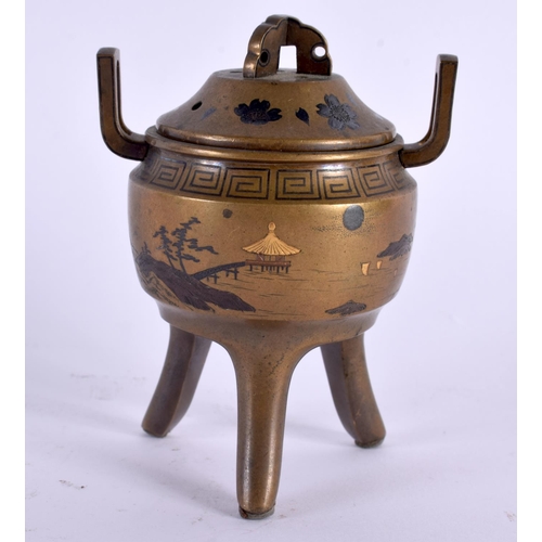 2015 - A 19TH CENTURY JAPANESE MEIJI PERIOD TWIN HANDLED BRONZE CENSER decorated with landscapes. 10 cm x 7... 