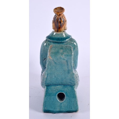 2017 - A 19TH CENTURY CHINESE TURQUOISE GLAZED POTTERY FIGURE Qing, modelled seated upon a bird. 16 cm x 12... 