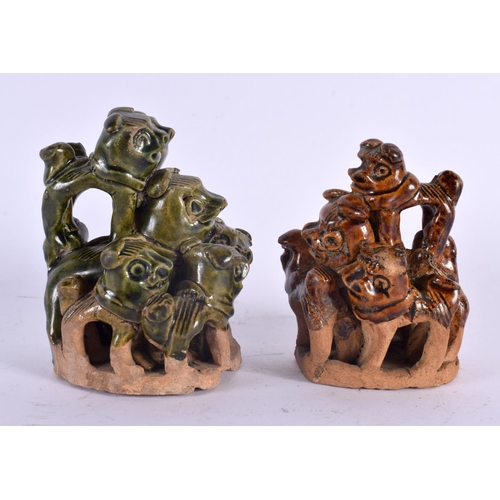 2040 - A PAIR OF 19TH CENTURY CHINESE GLAZED POTTERY ORNAMENTS Qing. 10 cm x 7 cm.