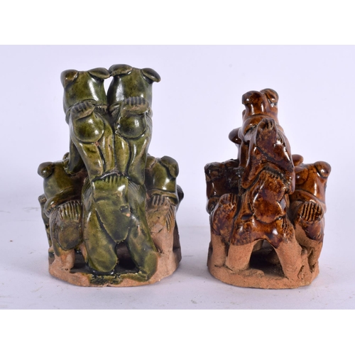 2040 - A PAIR OF 19TH CENTURY CHINESE GLAZED POTTERY ORNAMENTS Qing. 10 cm x 7 cm.