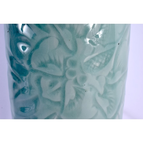 2061 - A 19TH CENTURY CHINESE KOREAN CELADON PORCELAIN LAMP incised with flowers. 60 cm high.