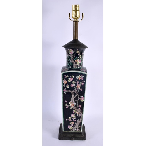 2062 - A LARGE 19TH CENTURY CHINESE FAMILLE NOIRE PORCELAIN LAMP Kangxi style. 58 cm high.