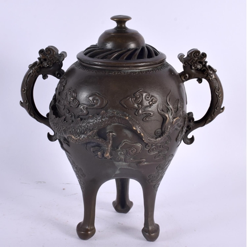 2063 - A LARGE JAPANESE TAISHO PERIOD BRONZE CENSER AND COVER overlaid in relief with dragons. 26 cm x 18 c... 