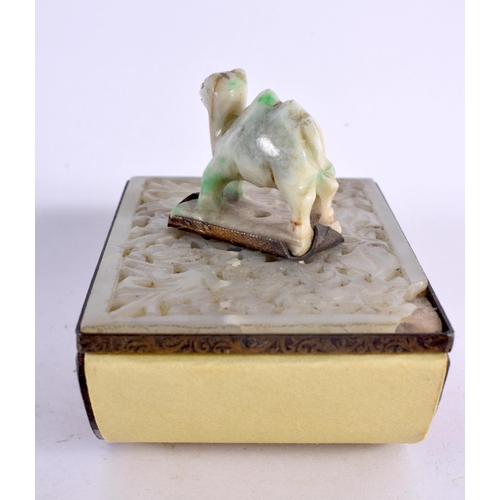 2099 - A LATE 19TH CENTURY CHINESE JADE AND JADEITE GILT METAL INK BLOTTER Late Qing. 10 cm x 7 cm.