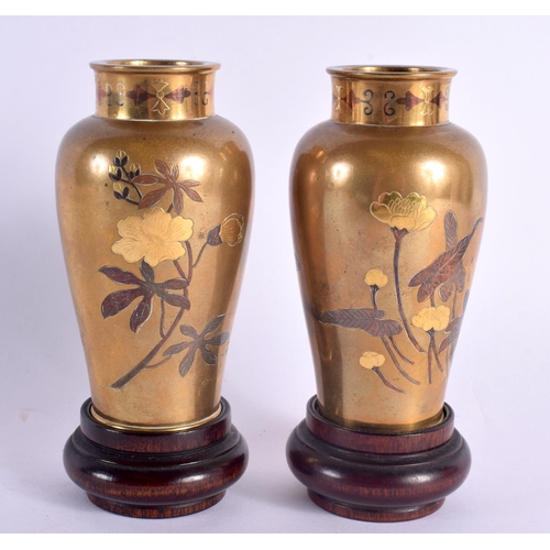 2102 - A PAIR OF 19TH CENTURY JAPANESE MEIJI PERIOD BRONZE VASES decorated with foliage and vines. 9 cm hig... 