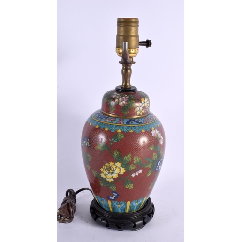 2105 - A 19TH CENTURY CHINESE CLOISONNE ENAMEL LAMP decorated with foliage and vines. 34 cm high.