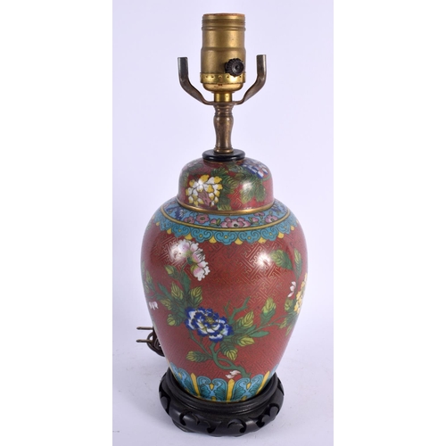 2105 - A 19TH CENTURY CHINESE CLOISONNE ENAMEL LAMP decorated with foliage and vines. 34 cm high.