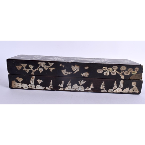 2114 - TWO 19TH CENTURY CHINESE MOTHER OF PEARL INLAID BOXES AND COVERS Qing. Largest 27 cm x 9 cm. (2)