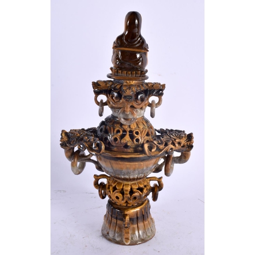 2126 - AN EARLY 20TH CENTURY CHINESE CARVED TIGERS EYE CENSER AND COVER Late Qing/Republic. 21 cm x 14 cm.