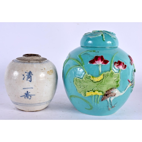 2138 - AN EARLY 20TH CENTURY CHINESE TURQUOISE GLAZED GINGER JAR AND COVER together with another two jars. ... 