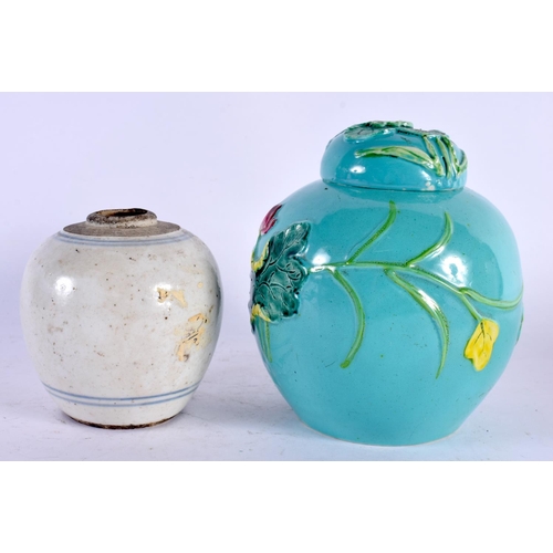 2138 - AN EARLY 20TH CENTURY CHINESE TURQUOISE GLAZED GINGER JAR AND COVER together with another two jars. ... 