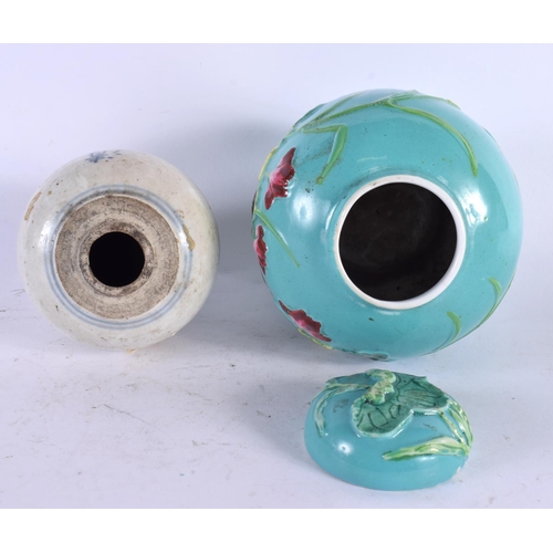 2138 - AN EARLY 20TH CENTURY CHINESE TURQUOISE GLAZED GINGER JAR AND COVER together with another two jars. ... 