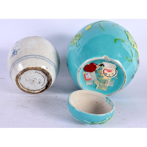 2138 - AN EARLY 20TH CENTURY CHINESE TURQUOISE GLAZED GINGER JAR AND COVER together with another two jars. ... 