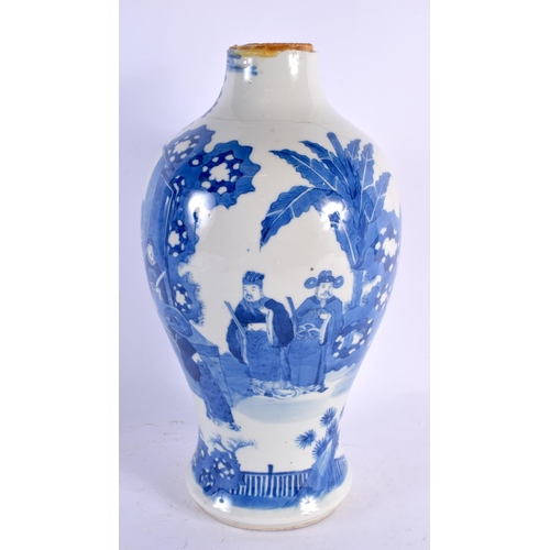 2163 - A MID 19TH CENTURY CHINESE BLUE AND WHITE PORCELAIN VASE Kangxi style, painted with figures within a... 