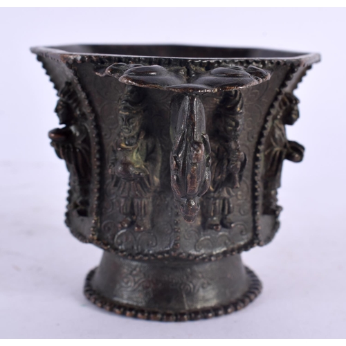 2167 - A RARE CHINESE QING DYNASTY BRONZE LIBATION CUP bearing Da Tang Zhen Guan marks to base, decorated i... 