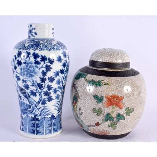 2168 - A 19TH CENTURY CHINESE BLUE AND WHITE PORCELAIN VASE together with a crackle glazed famille verte gi... 