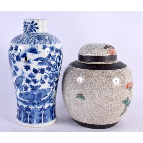 2168 - A 19TH CENTURY CHINESE BLUE AND WHITE PORCELAIN VASE together with a crackle glazed famille verte gi... 