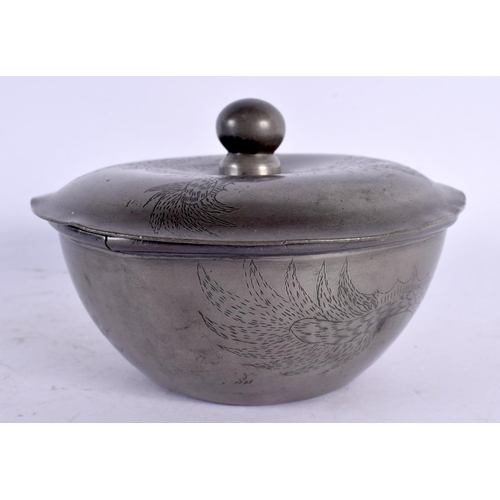 2175 - A CHINESE QING DYNASTY PEWTER BOWL AND COVER decorated with dragons. 12.5 cm wide.