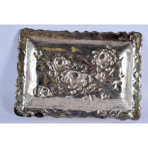 2180 - A LARGE 19TH CENTURY JAPANESE MEIJI PERIOD WHITE METAL REPOUSSE DISH decorated in relief with flower... 