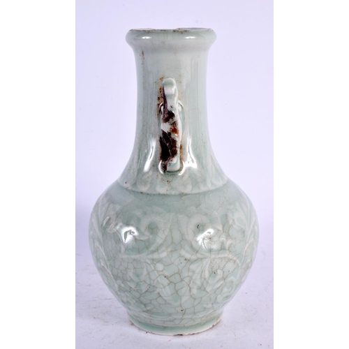 2197 - A 19TH CENTURY CHINESE CELADON TWIN HANDLED PORCELAIN VASE decorated with flowers and vines. 16 cm h... 