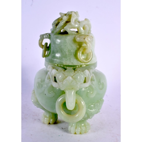 2203 - AN EARLY 20TH CENTURY CHINESE TWIN HANDLED JADE CENSER AND COVER Late Qing/Republic. 15 cm x 13 cm.