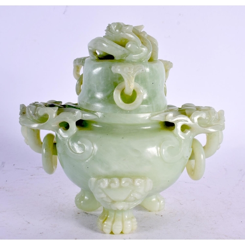 2203 - AN EARLY 20TH CENTURY CHINESE TWIN HANDLED JADE CENSER AND COVER Late Qing/Republic. 15 cm x 13 cm.