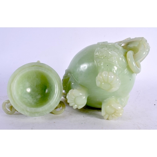 2203 - AN EARLY 20TH CENTURY CHINESE TWIN HANDLED JADE CENSER AND COVER Late Qing/Republic. 15 cm x 13 cm.