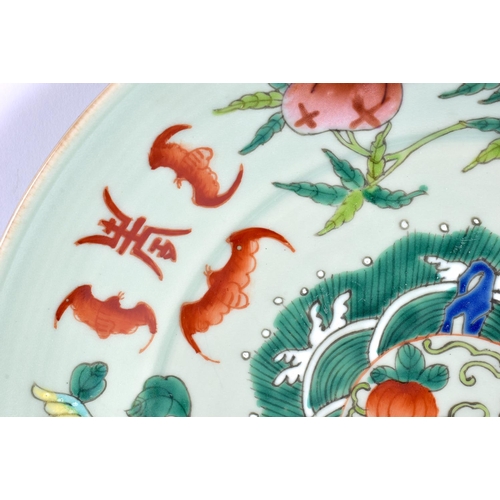 2208 - A LARGE 19TH CENTURY CHINESE CELADON FAMILLE ROSE PLATE Late Qing. 27 cm wide.