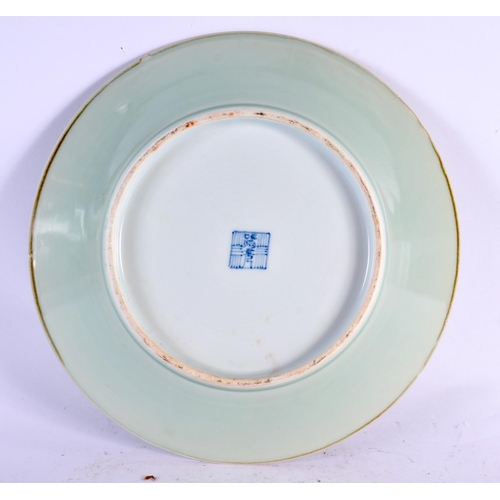 2208 - A LARGE 19TH CENTURY CHINESE CELADON FAMILLE ROSE PLATE Late Qing. 27 cm wide.