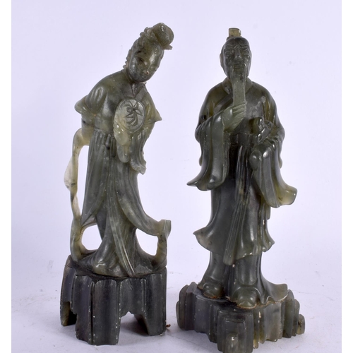 2212 - A PAIR OF 19TH CENTURY CHINESE CARVED SOAPSTONE BUDDHA together with a miniature pair of jade seals.... 