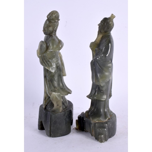 2212 - A PAIR OF 19TH CENTURY CHINESE CARVED SOAPSTONE BUDDHA together with a miniature pair of jade seals.... 