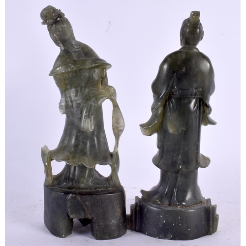 2212 - A PAIR OF 19TH CENTURY CHINESE CARVED SOAPSTONE BUDDHA together with a miniature pair of jade seals.... 