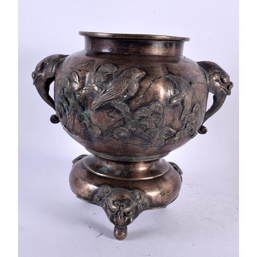 2215 - A 19TH CENTURY JAPANESE MEIJI PERIOD TWIN HANDLED BRONZE VASE together with a black lacquer cabinet.... 