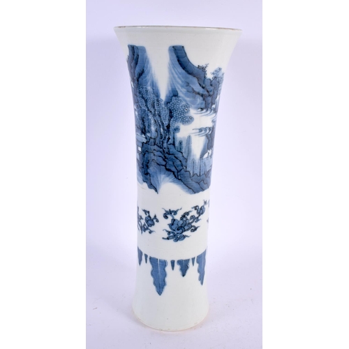 2228 - A LARGE CHINESE BLUE AND WHITE PORCELAIN GU VASE probably Transitional period, painted with landscap... 