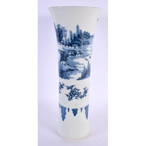 2228 - A LARGE CHINESE BLUE AND WHITE PORCELAIN GU VASE probably Transitional period, painted with landscap... 