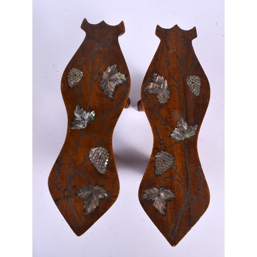 2244 - A PAIR OF 19TH CENTURY CHINESE MOTHER OF PEARL INLAID HARDWOOD SHOES Qing. 22 cm x 6 cm.