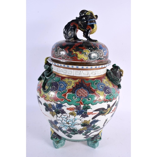 2249 - A LARGE 19TH CENTURY JAPANESE MEIJI PERIOD AO KUTANI PORCELAIN CENSER AND COVER painted with birds a... 